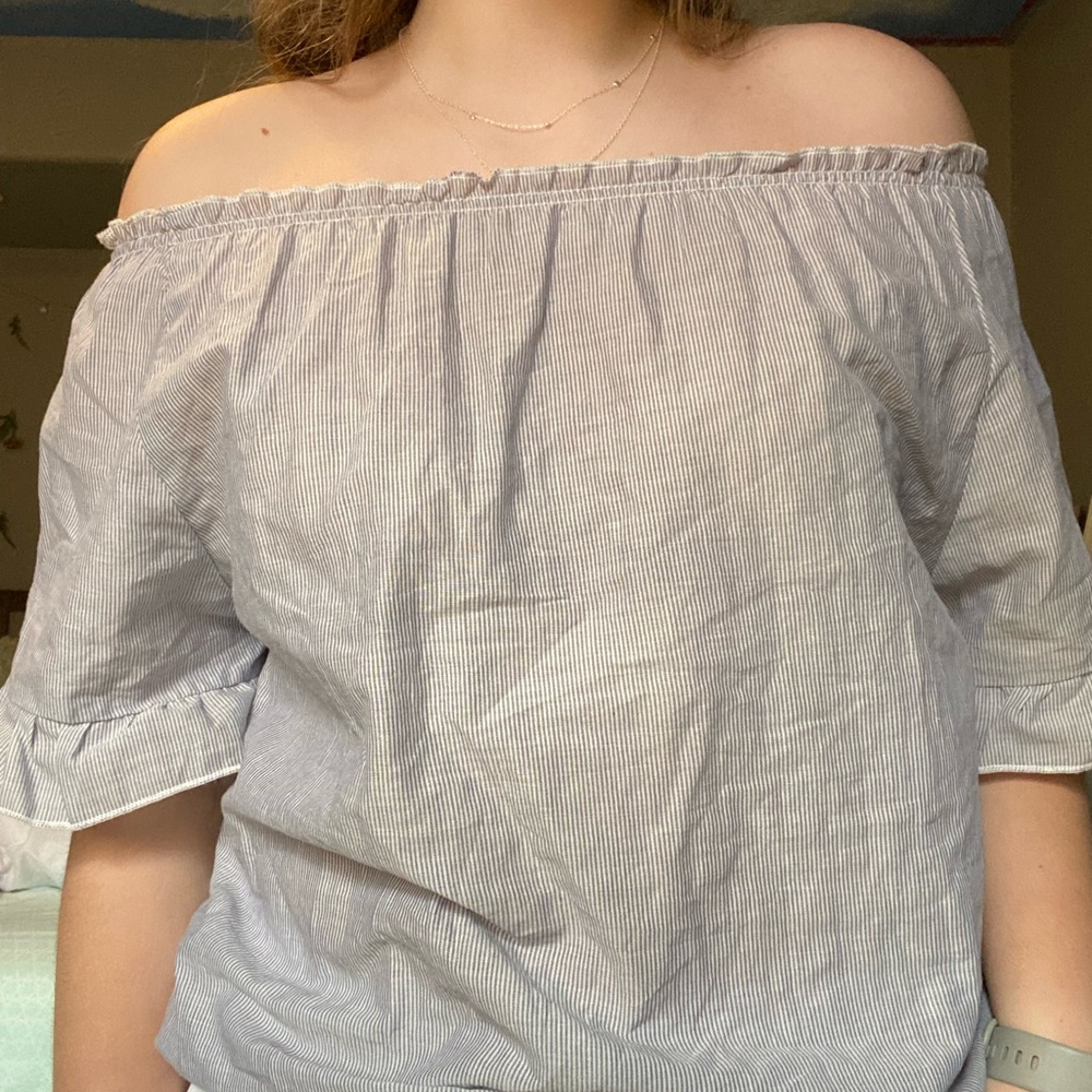 Hippie Laundry blue and white pin stripe short sleeve blouse